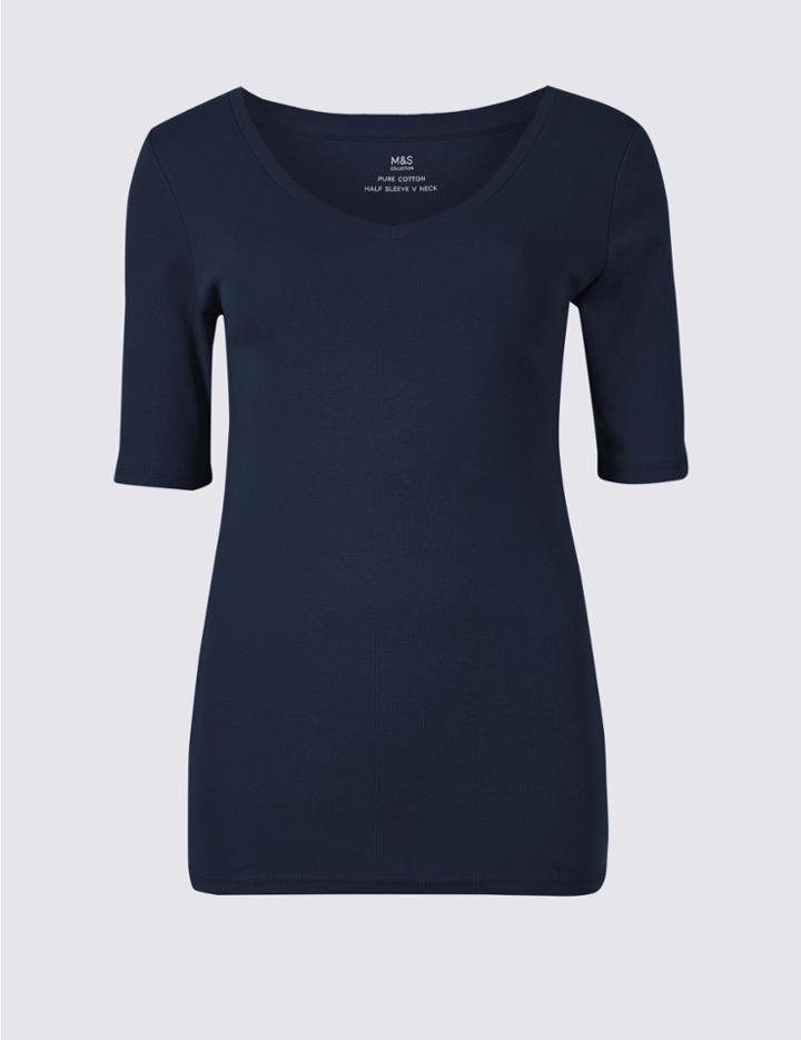 Marks & Spencer Pure Cotton V-neck Half Sleeve T-shirt Navy