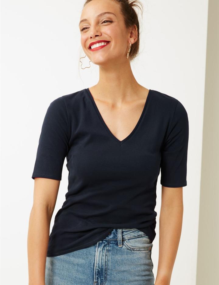 Marks & Spencer Pure Cotton V-neck Regular Fit T-shirt Navy