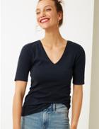 Marks & Spencer Pure Cotton V-neck Regular Fit T-shirt Navy