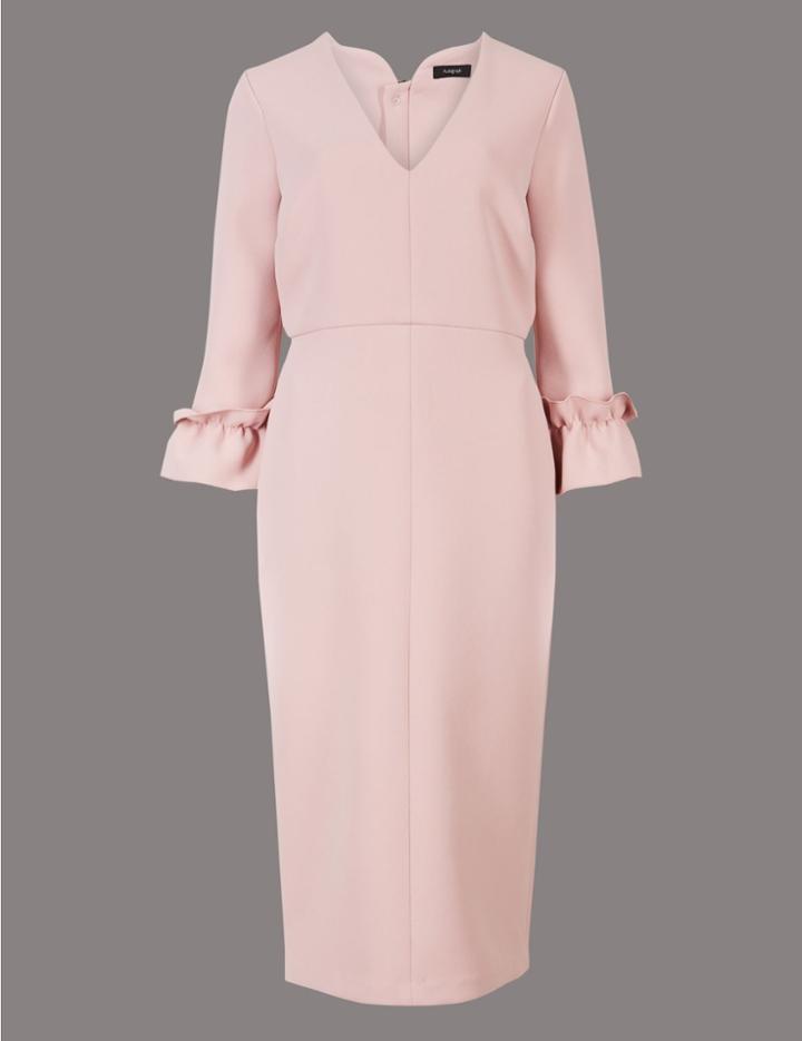 Marks & Spencer Ruffle Cuff 3/4 Sleeve Bodycon Midi Dress Pink