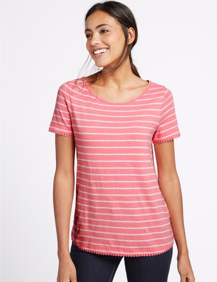 Marks & Spencer Pure Cotton Striped Short Sleeve T-shirt Coral Mix