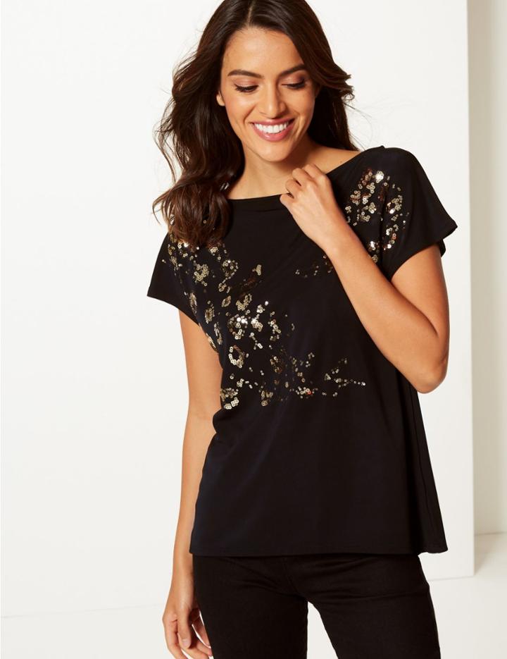 Marks & Spencer Sparkly Slash Neck Short Sleeve Top Black Mix