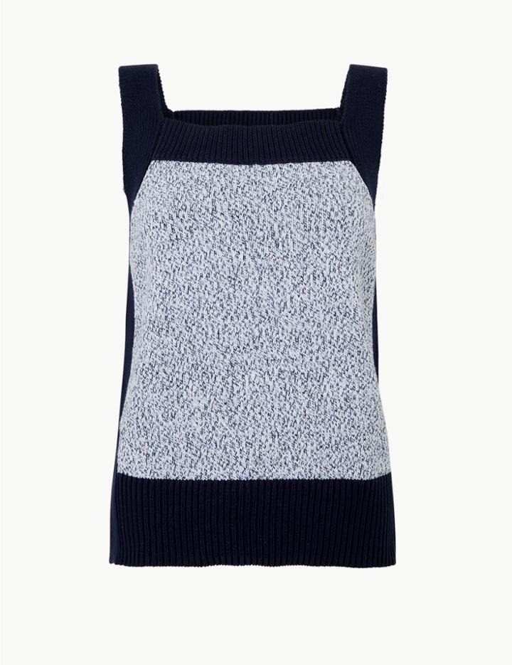 Marks & Spencer Pure Cotton Colour Block Square Neck Jumper Medium Blue Mix