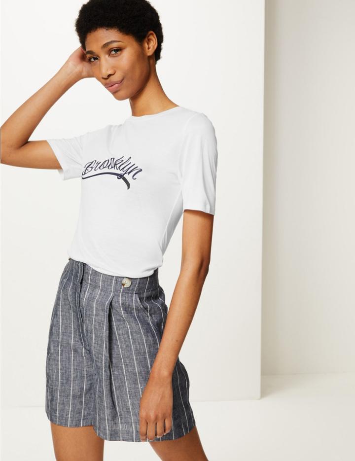 Marks & Spencer Slogan Mercerised Fitted T-shirt White Mix