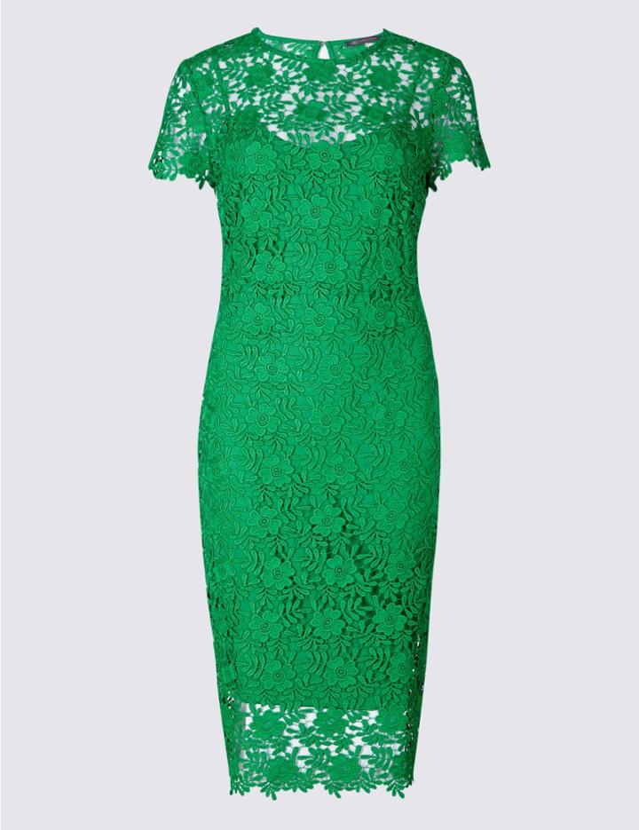 Marks & Spencer Lace Sheath Short Sleeve Bodycon Midi Dress Green