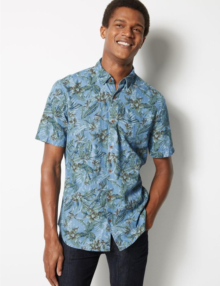 Marks & Spencer Pure Cotton Flower Print Shirt Blue Mix