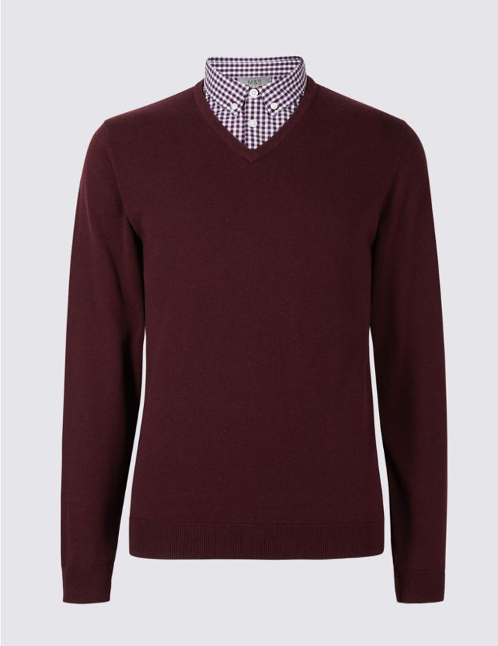 Marks & Spencer Pure Cotton Checked Mock Shirt Jumper Burgundy