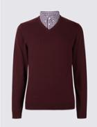 Marks & Spencer Pure Cotton Checked Mock Shirt Jumper Burgundy