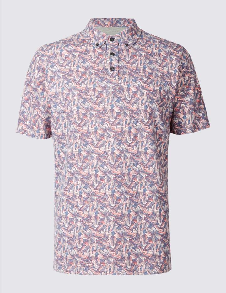 Marks & Spencer Pure Cotton Printed Polo Shirt Coral Mix