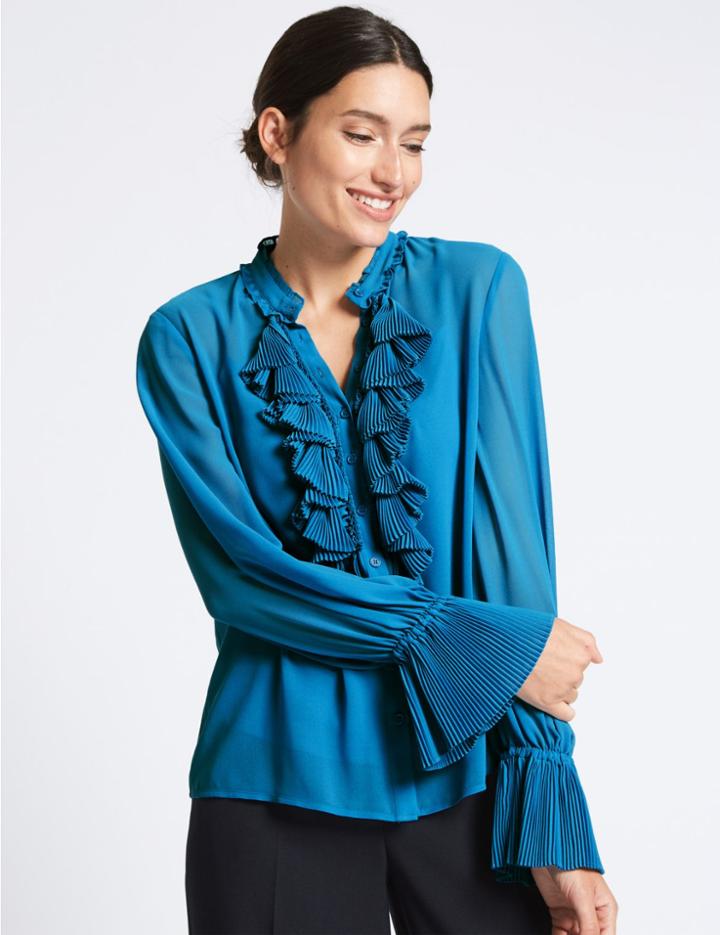 Marks & Spencer Ruffle Pleated Cuff Detail Shell Top Medium Blue