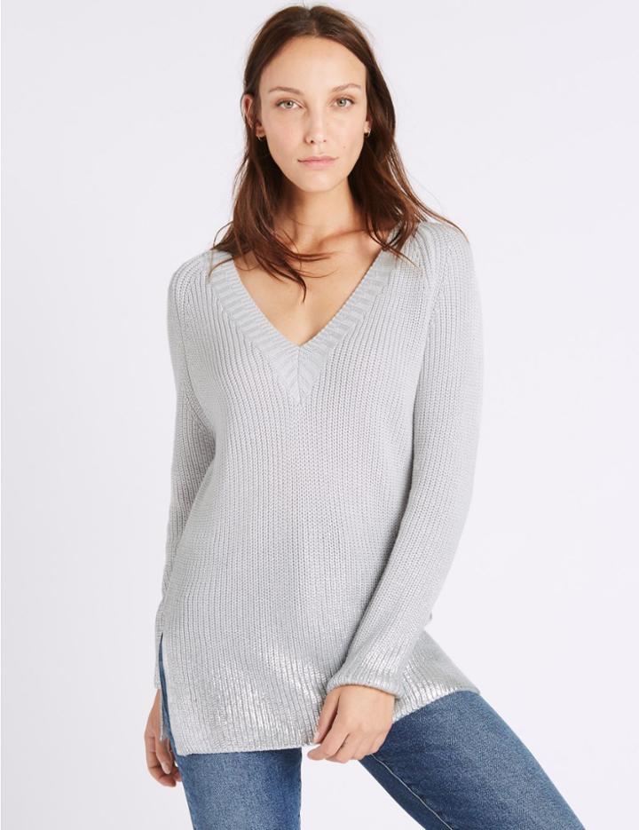 Marks & Spencer Cotton Blend V-neck Longline Jumper Grey Mix