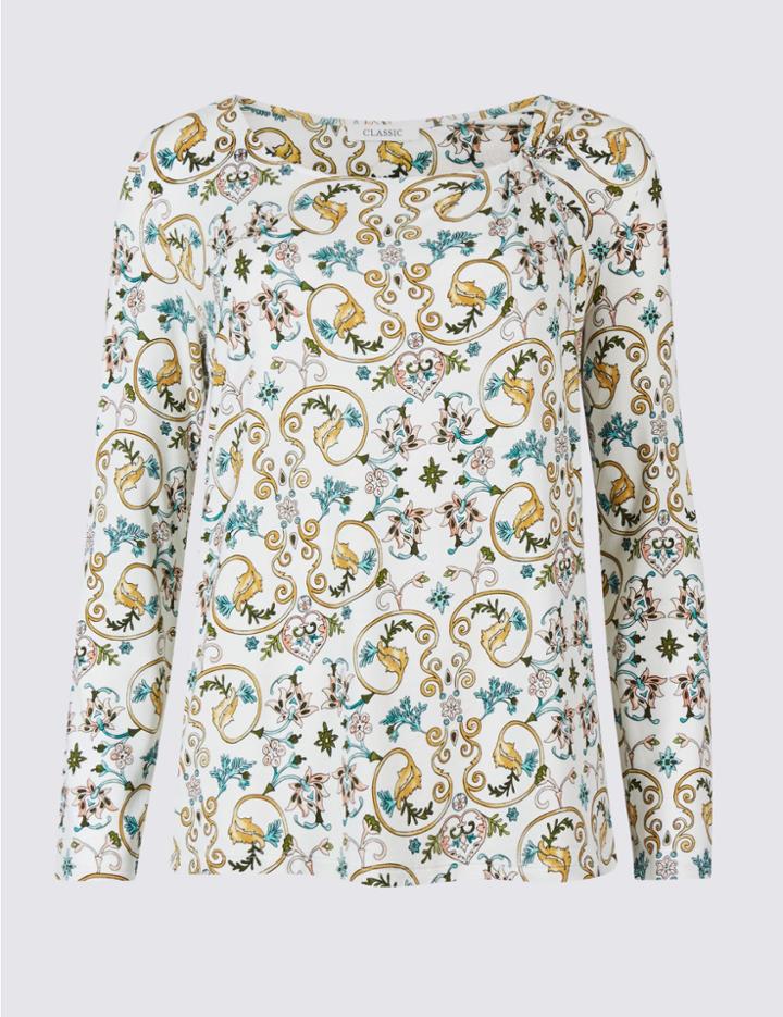 Marks & Spencer Floral Print Twisted Neck T-shirt Ivory Mix