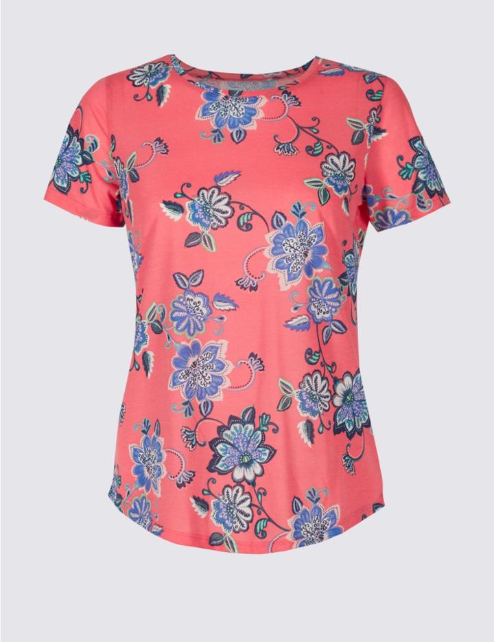 Marks & Spencer Floral Print Round Neck Short Sleeve T-shirt Pink Mix