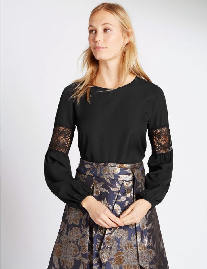 Marks & Spencer Long Sleeve Lace Insert Jersey Top Black