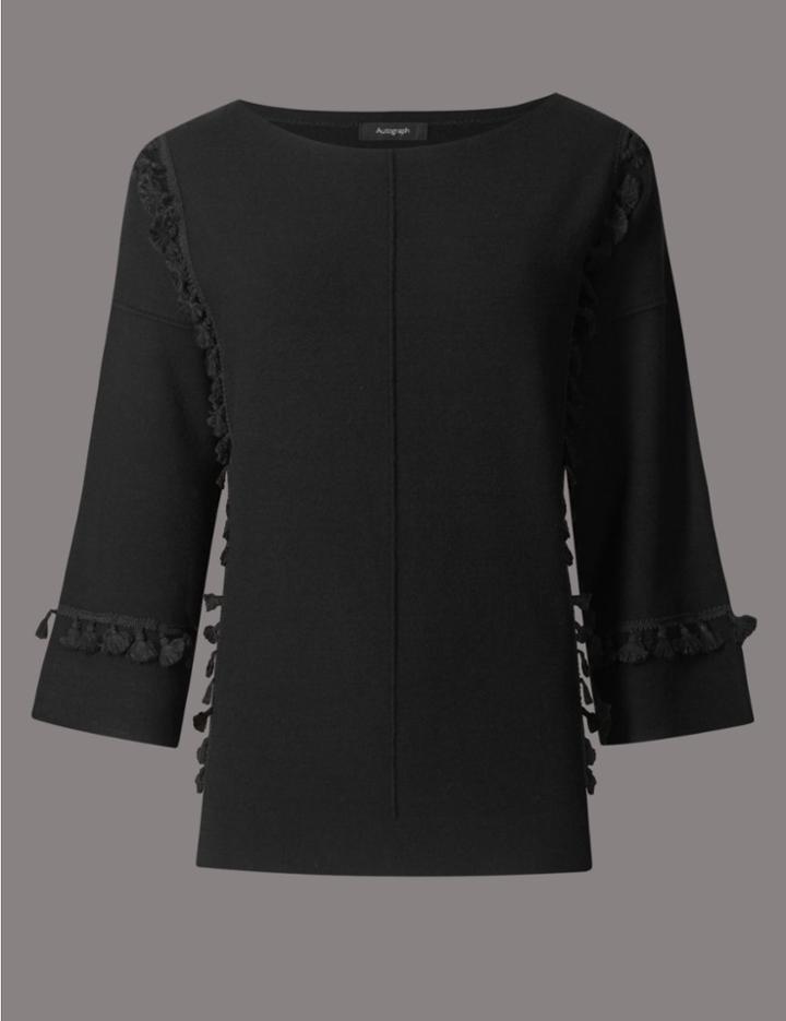 Marks & Spencer Tassel Round Neck 3/4 Sleeve Jumper Black