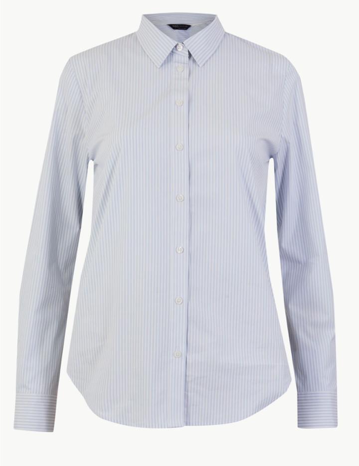Marks & Spencer Striped Long Sleeve Slim Fit Shirt Pale Blue Mix