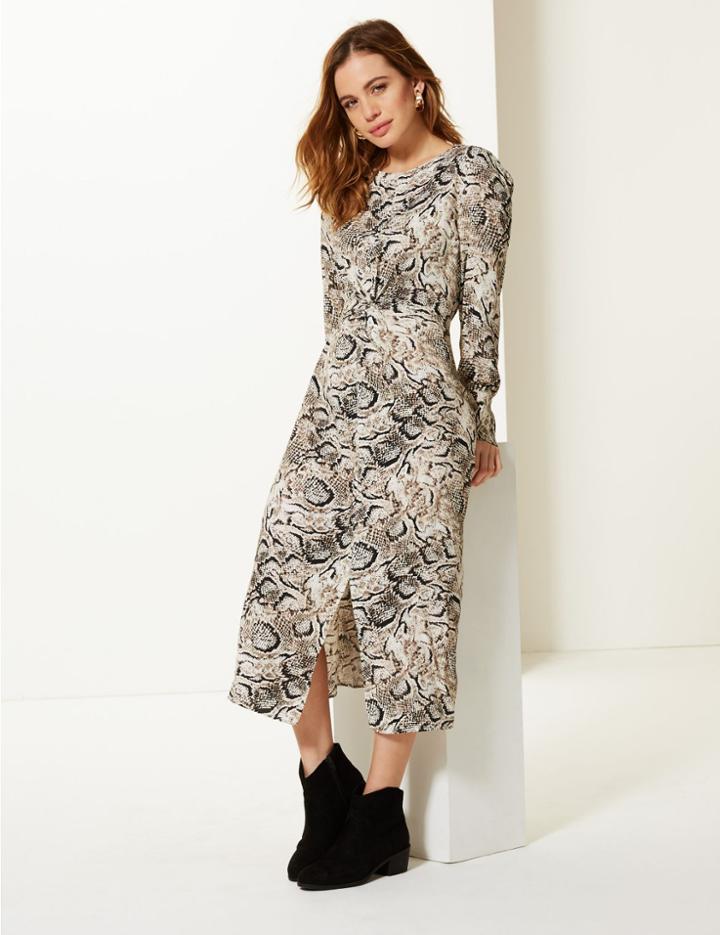 Marks & Spencer Petite Animal Print Fit & Flare Midi Dress Light Grey Mix