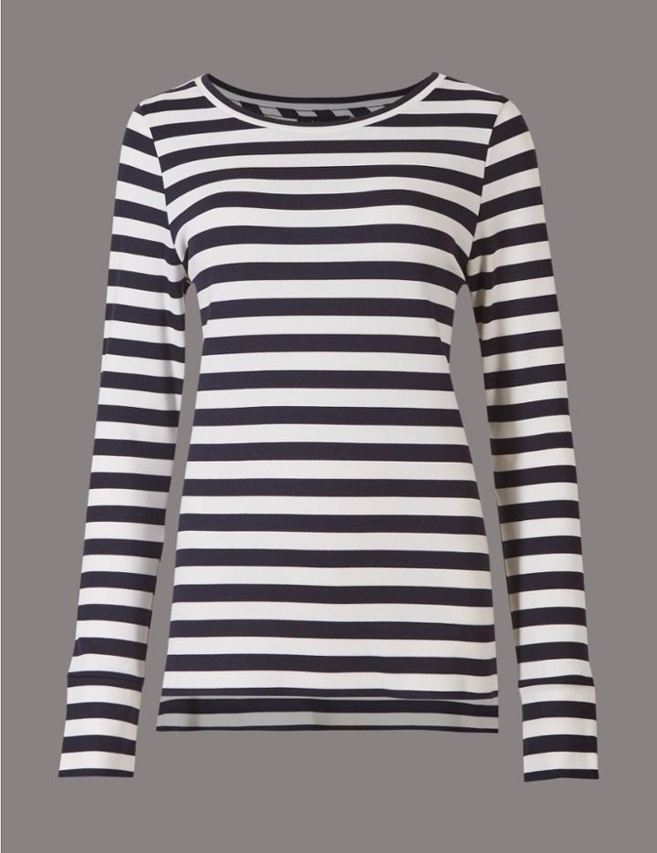Marks & Spencer Striped Round Neck Long Sleeve Top Navy Mix