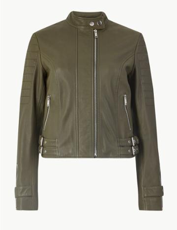 Marks & Spencer Leather Biker Jacket Khaki