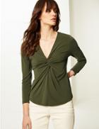 Marks & Spencer Twisted Front V-neck Fitted Long Sleeve Top Hunter Green