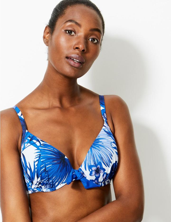 Marks & Spencer Floral Print Padded Plunge Bikini Top A-g Cream Mix