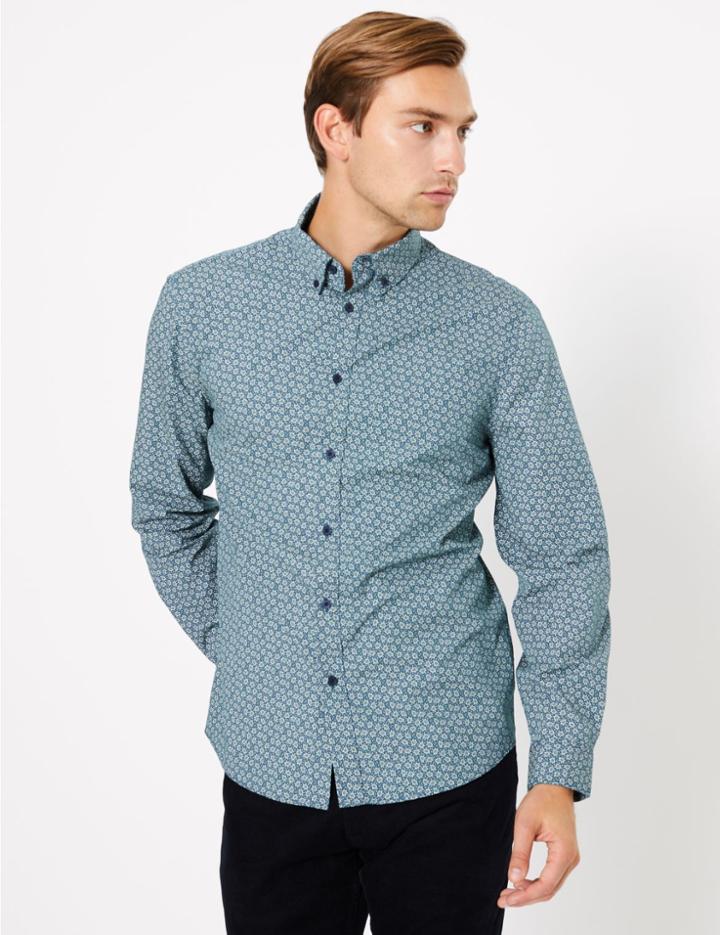 Marks & Spencer Cotton Mini Leaf Print Shirt Teal Mix