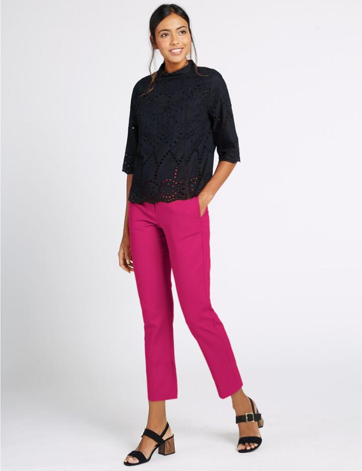 Marks & Spencer Cotton Rich Slim Leg Trousers Fuchsia
