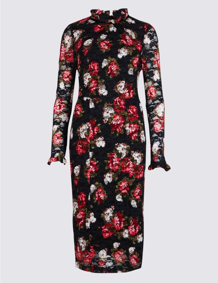 Marks & Spencer Plus Floral Lace Bodycon Midi Dress Black Mix