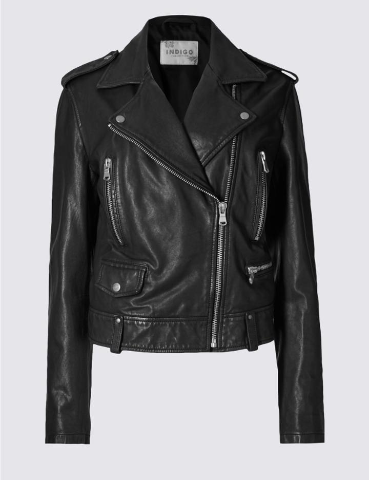 Marks & Spencer Leather Zip Through Jacket Black