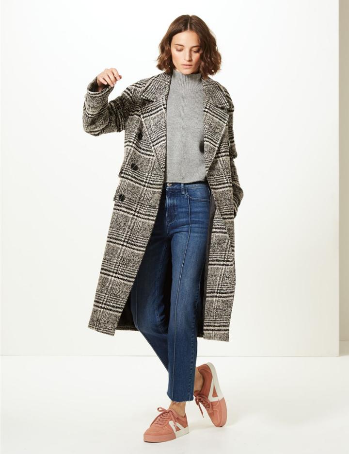 Marks & Spencer Wool Blend Checked Coat Black Mix