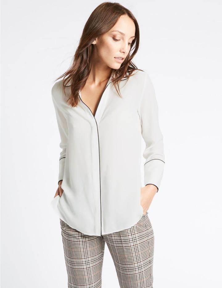Marks & Spencer Contrasting Edge Long Sleeve Shirt Ivory