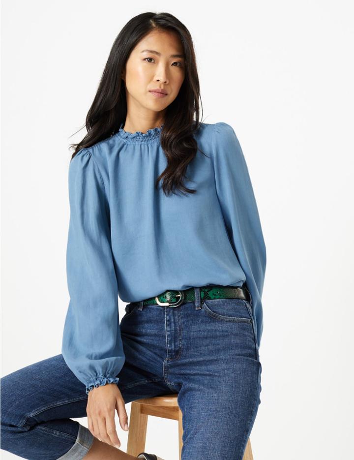 Marks & Spencer Ruffled High Neck Blouse Chambray