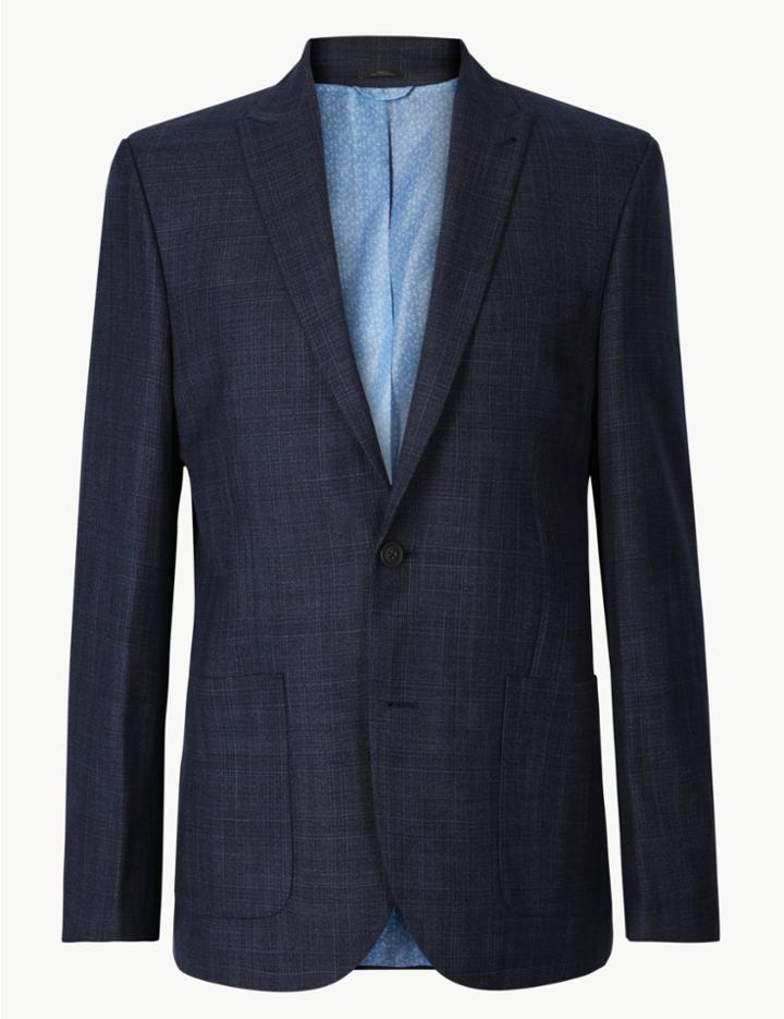 Marks & Spencer Navy Checked Tailored Fit Jacket Navy