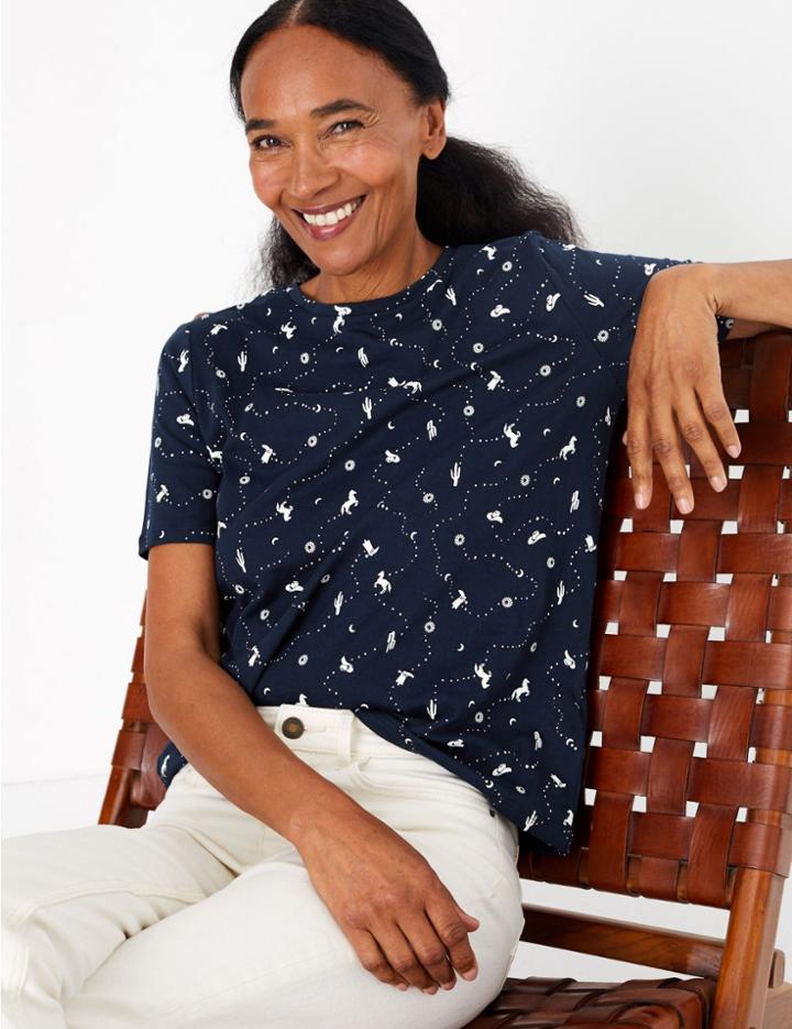 Marks & Spencer Cotton Printed Straight Fit T-shirt Navy Mix