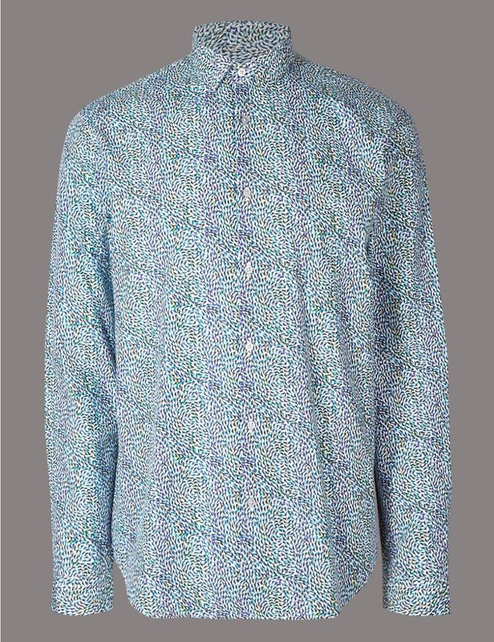 Marks & Spencer Pure Cotton Slim Fit Printed Shirt Green Mix