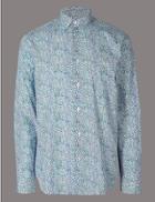 Marks & Spencer Pure Cotton Slim Fit Printed Shirt Green Mix