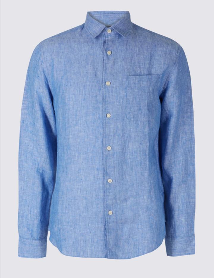 Marks & Spencer Pure Linen Slim Fit Shirt With Pocket Light Blue