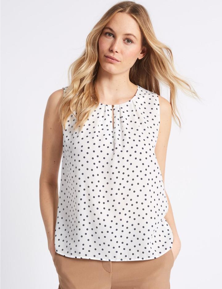 Marks & Spencer Spotted Pleated Round Neck Sheel Top Ivory Mix