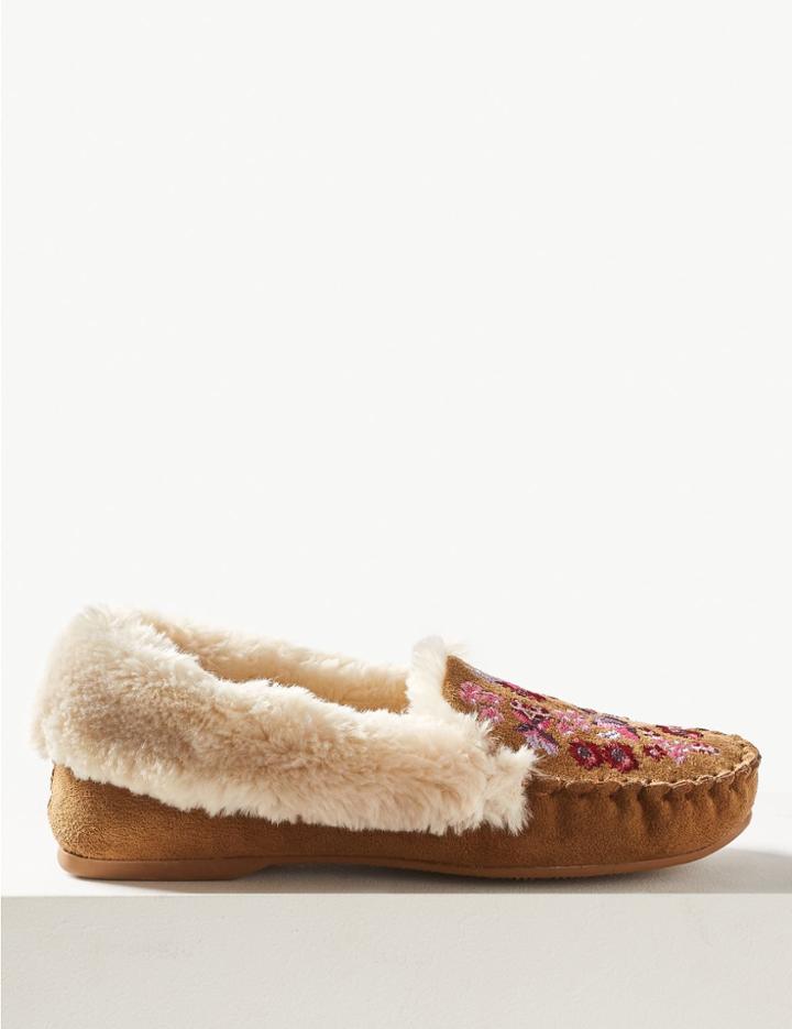 Marks & Spencer Embroidered Moccasin Slippers Tan