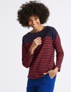 Marks & Spencer Cotton Rich Striped Long Sleeve T-shirt Navy Mix