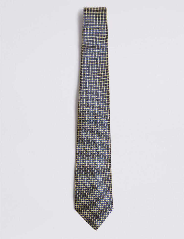 Marks & Spencer Pure Silk Cross Hatch Geometric Tie Yellow Mix