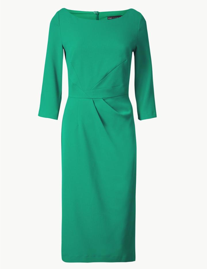 Marks & Spencer Pleated 3/4 Sleeve Bodycon Dress Emerald