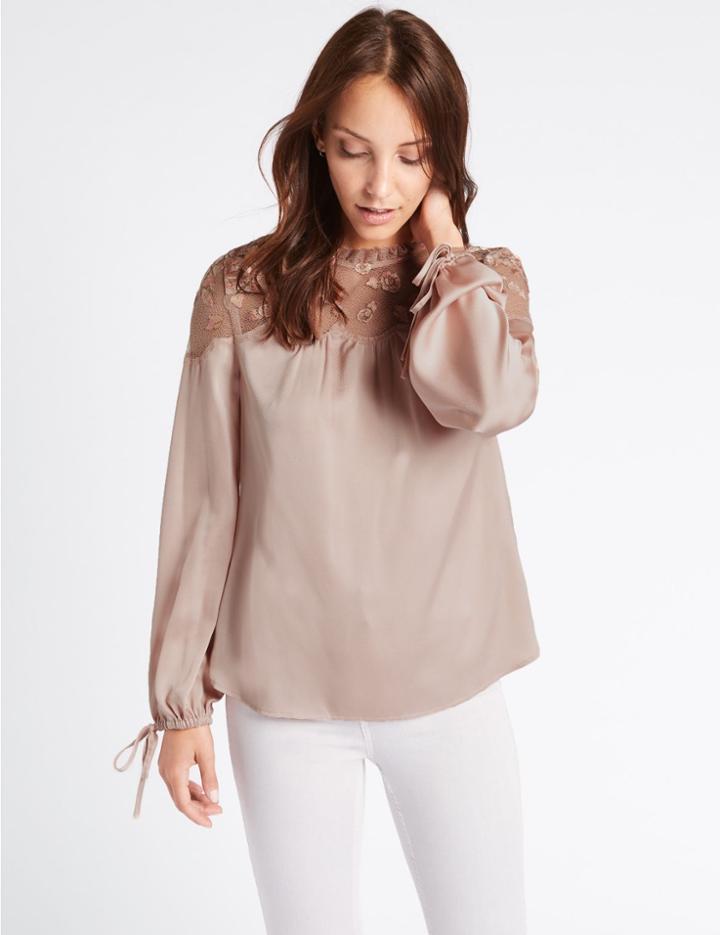 Marks & Spencer Embroidered Yoke Long Sleeve Blouse Dusted Pink