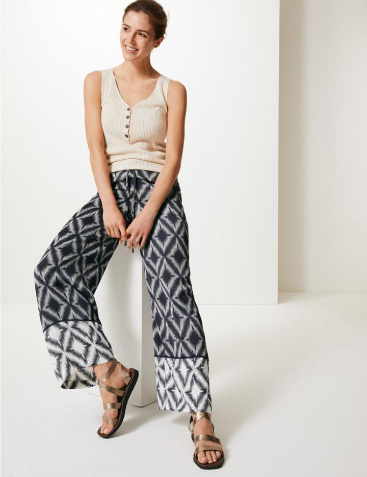 Marks & Spencer Diamond Print Wide Leg High Waist Trousers Ivory Mix