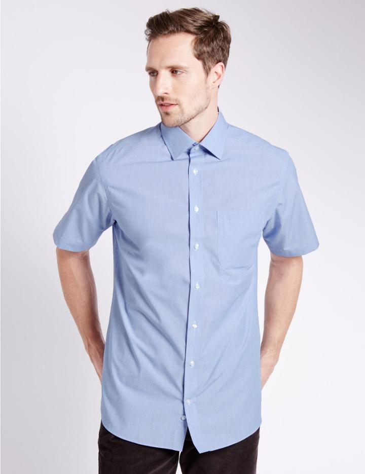 Marks & Spencer Easy To Iron Short Sleeve Shirt With Pocket Cornflower