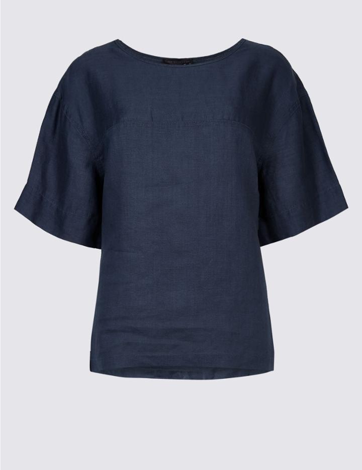 Marks & Spencer Pure Linen Round Neck Half Sleeve Blouse Navy Mix