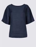 Marks & Spencer Pure Linen Round Neck Half Sleeve Blouse Navy Mix
