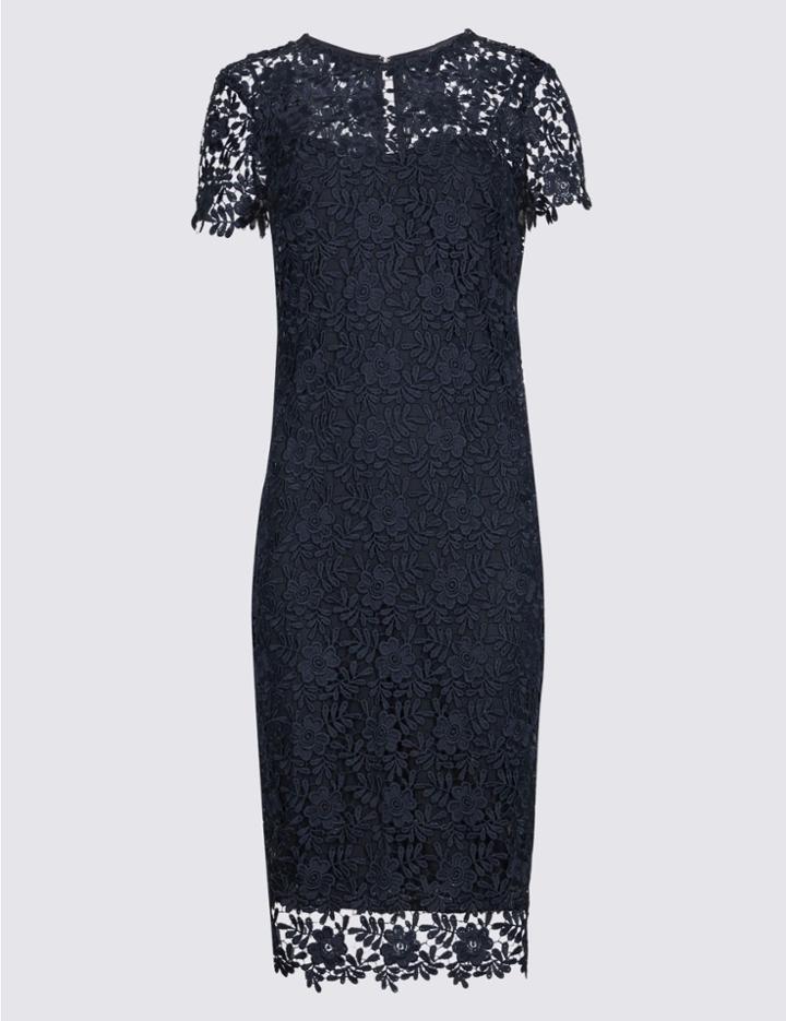 Marks & Spencer Petite Lace Short Sleeve Bodycon Midi Dress Navy
