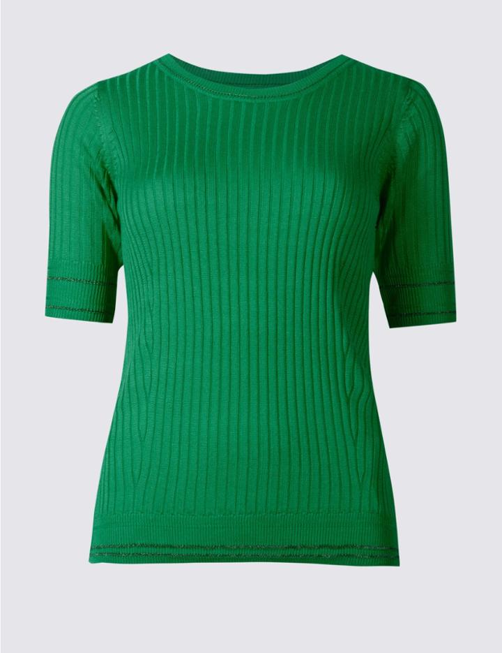 Marks & Spencer Contrasting Edge Half Sleeve Jumpers Green