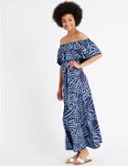 Marks & Spencer Printed Flared Tie Front Bardot Maxi Dress Blue Mix